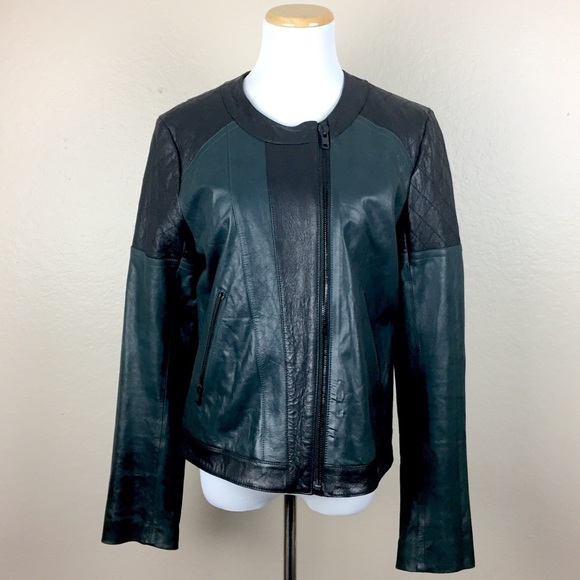 THEORY Maisie Leather Colorblock Moto Crop Jacket LARGE Green Bomber Designer - Picture 3 of 8